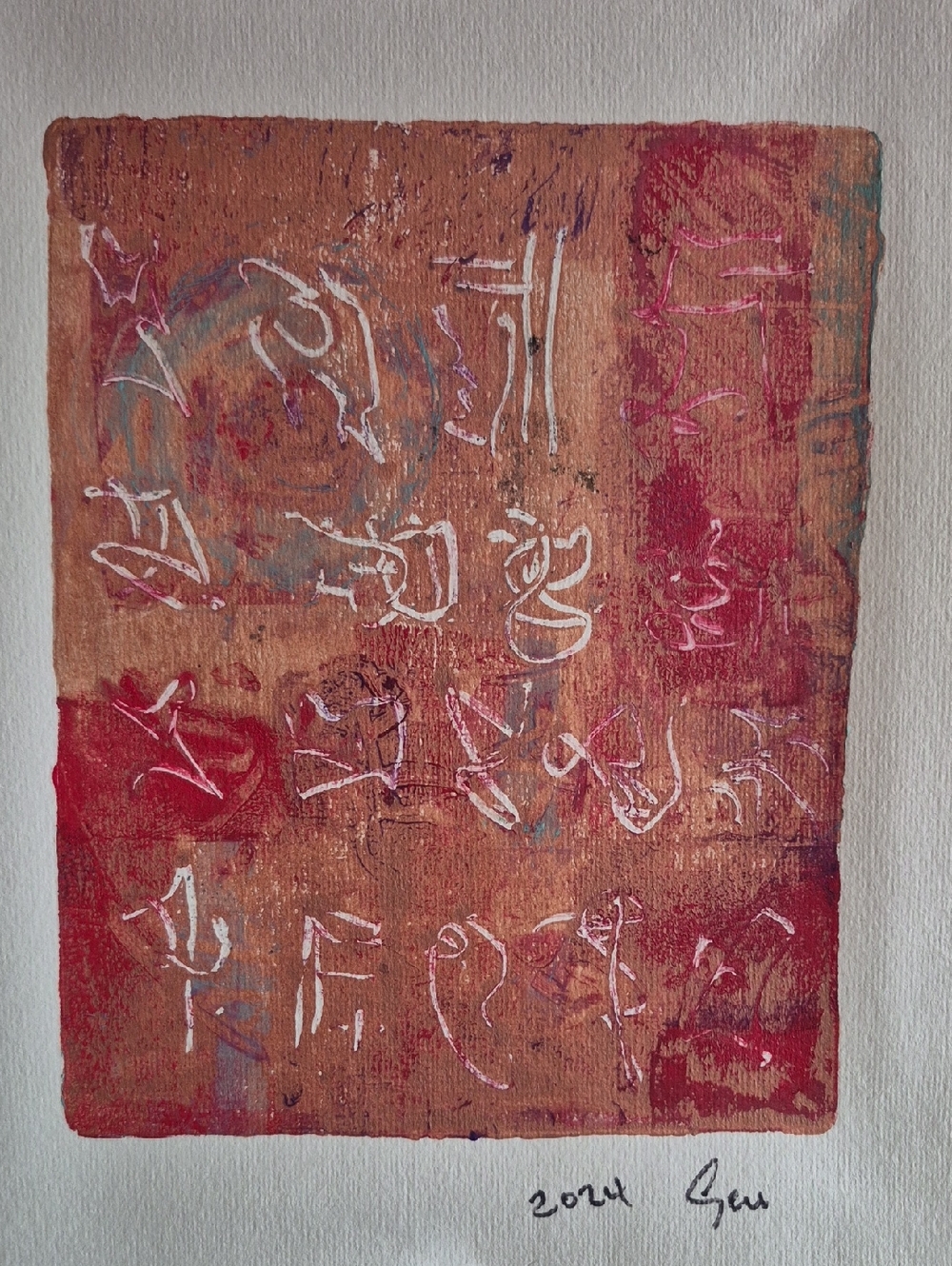 Original Signed 2024 Monoprint Intuitive Abstract in Copper and Red Base